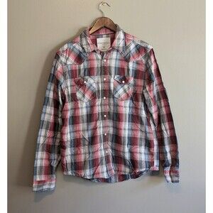 Aeropostale Size Medium Western Style Shirt Red Plaid Mens Top Pearl Snap LS